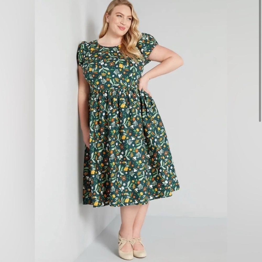 Modcloth x Collectif Demira Meadow Green Floral Dress UK20 US16